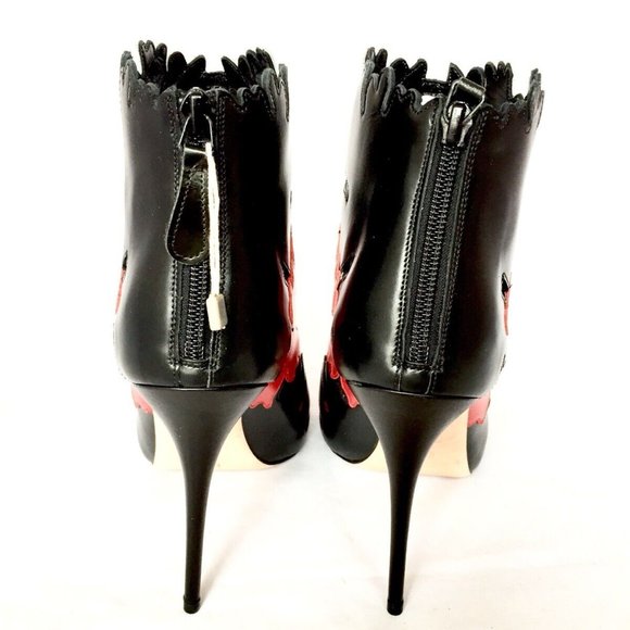 Alexander McQueen Lotus Flower Appliqué Peep- Toe Bootie Leather Red Black 41 - Picture 8 of 9